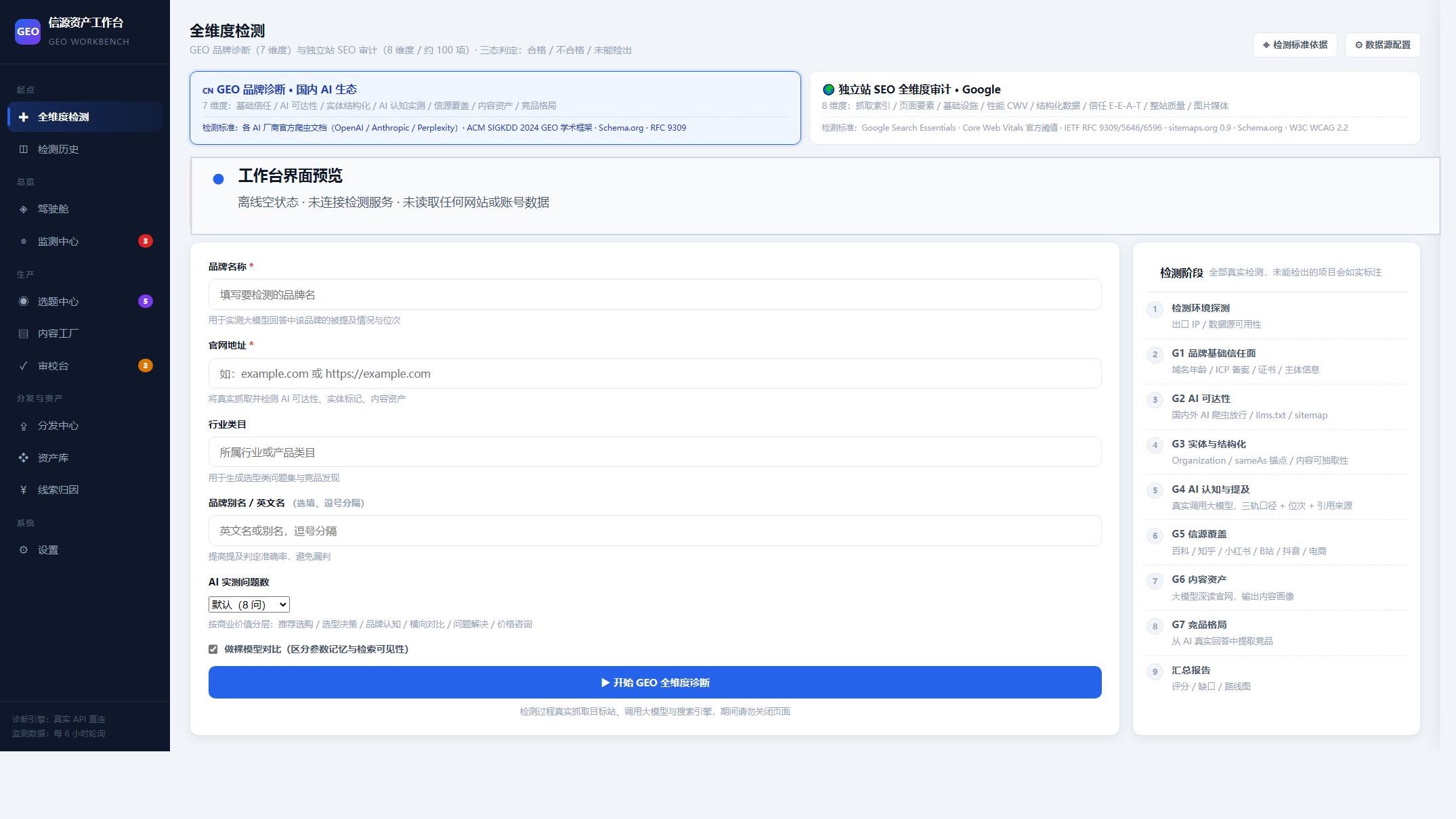 GEO与SEO优化工作台的全维度检测主界面,展示双模式入口、诊断表单和检测阶段